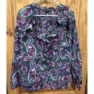 Talbots Womens M Green Paisley Ruffle V Neck Cotton Long Sleeve Blouse Boho